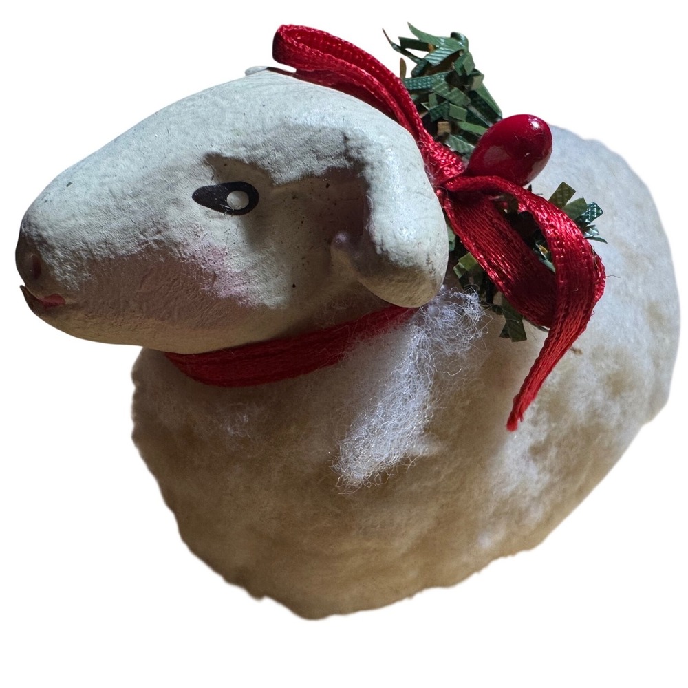 Vintage Wood Primitive Wooly Sheep Figurine Christmas Decor Red Ribbon 3.5in